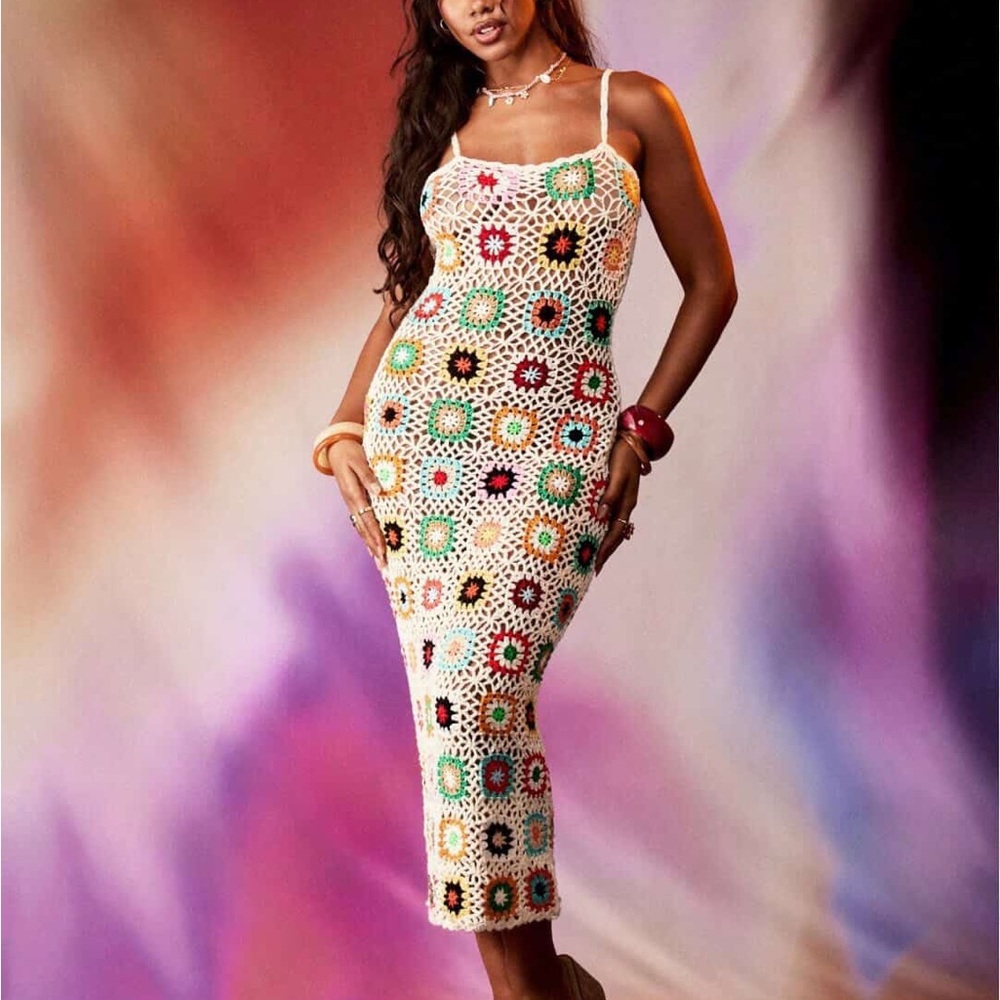 Cream Crochet Midi Dress with Multicolor Floral Squares